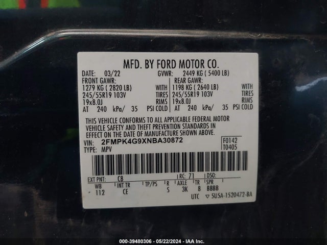 2FMPK4G9XNBA30872 Ford EDGE SE