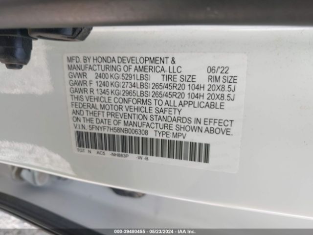 5FNYF7H58NB006308 Honda Passport 2wd Ex-l