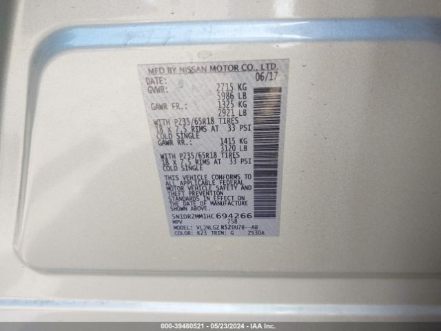 5N1DR2MM1HC694266 Nissan Pathfinder Sl