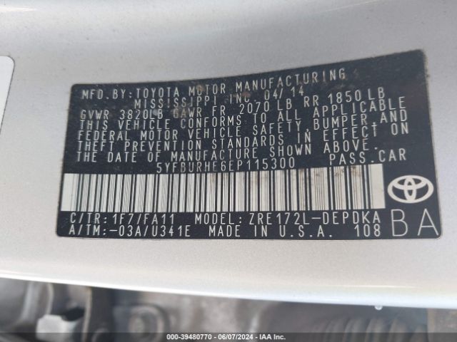 5YFBURHE6EP115300 Toyota COROLLA L