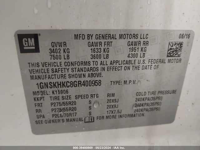 Chevrolet Suburban Lt 2016 1GNSKHKC8GR400958 Image 9