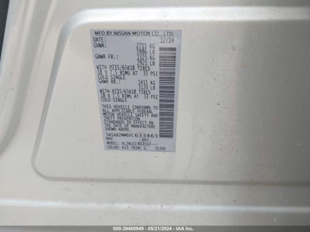 5N1AR2MM6FC633463 Nissan Pathfinder Platinum/s/sl/sv
