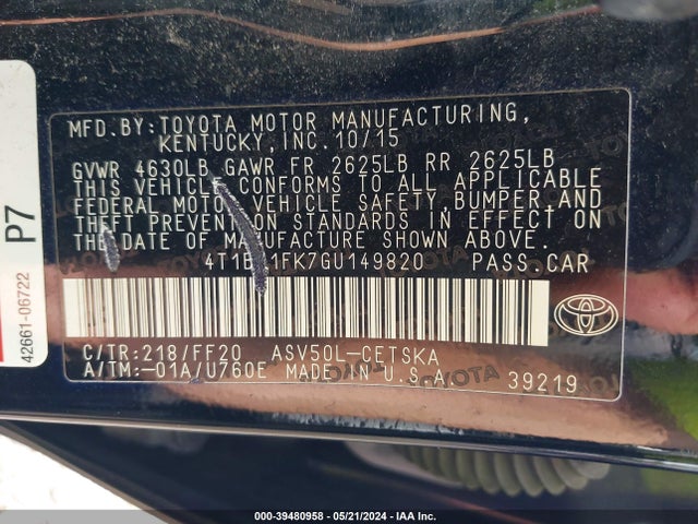 Toyota CAMRY SE 2016 4T1BF1FK7GU149820 Image 9