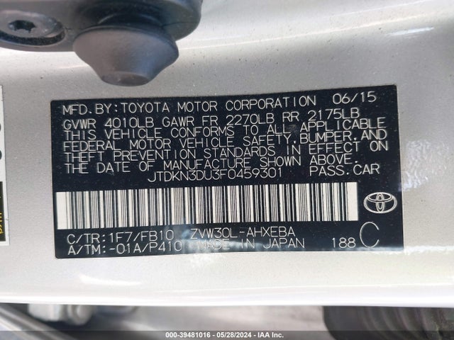 Toyota Prius Two 2015 JTDKN3DU3F0459301 Image 9