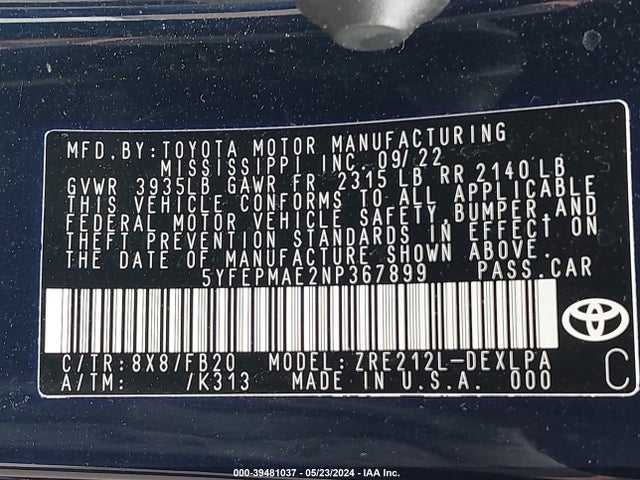 Toyota COROLLA LE 2022 5YFEPMAE2NP367899 Image 9