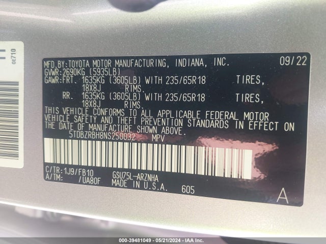 Toyota Highlander Le 2022 5TDBZRBH8NS250032 Image 9