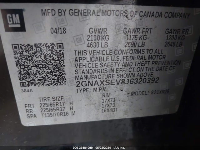 Chevrolet EQUINOX LT 2018 2GNAXSEV8J6320392 Image 9