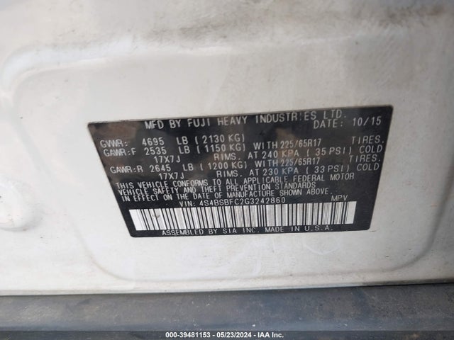 Subaru Outback 2.5i Premium 2016 4S4BSBFC2G3242860 Image 9