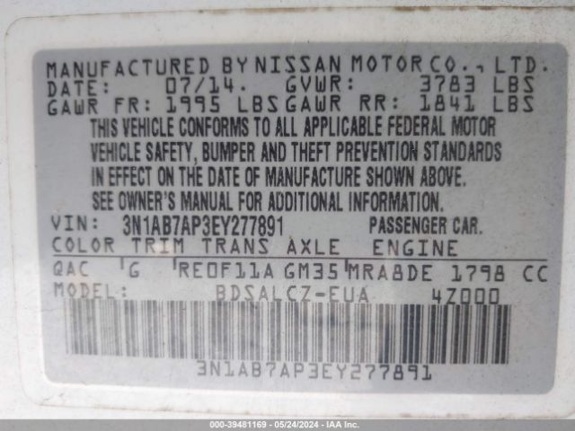 3N1AB7AP3EY277891 Nissan SENTRA S