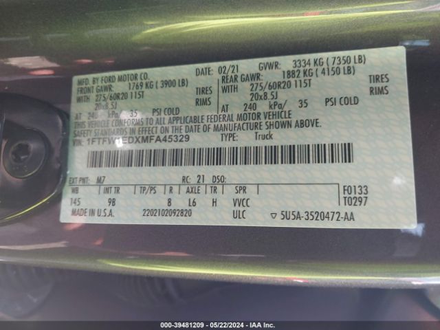 1FTFW1EDXMFA45329 Ford F-150 Platinum
