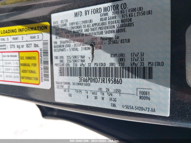 Ford FUSION SE 2018 3FA6P0HD7JR195860 Image 9