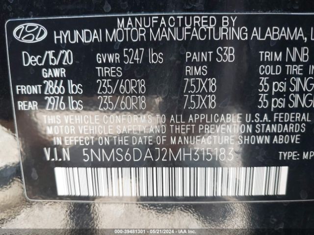 5NMS6DAJ2MH315183 Hyundai Santa Fe Sel