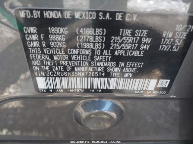 3CZRU6H35NM726514 Honda Hr-v Awd Lx