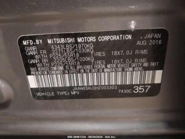 JA4AR3AU0HZ003303 Mitsubishi Outlander Sport 2.0 Es