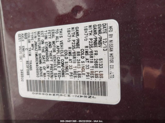 Nissan MURANO SV 2014 JN8AZ1MU6EW408850 Image 9