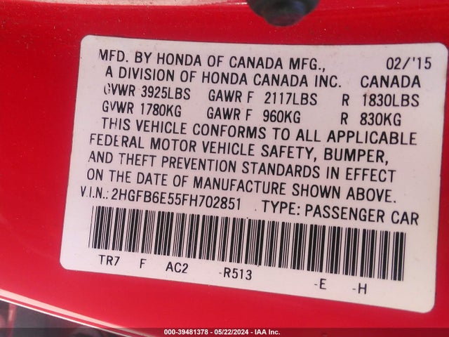 Honda CIVIC SI 2015 2HGFB6E55FH702851 Image 9