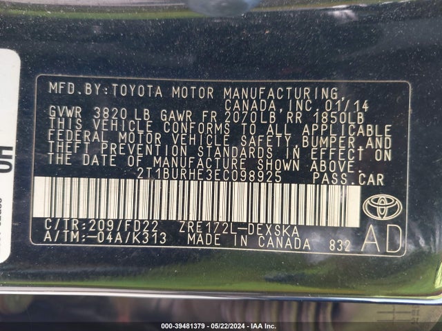 Toyota Corolla S Plus 2014 2T1BURHE3EC098925 Image 9