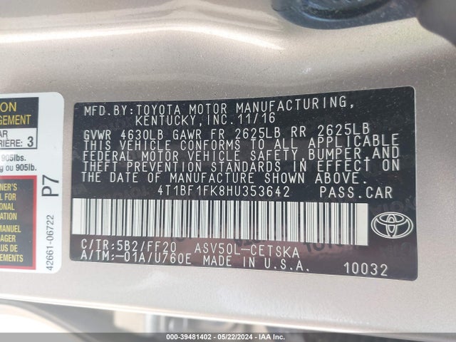 Toyota CAMRY SE 2017 4T1BF1FK8HU353642 Image 9