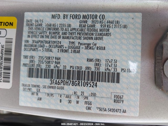 Ford FUSION SE 2016 3FA6P0H78GR109524 Image 9