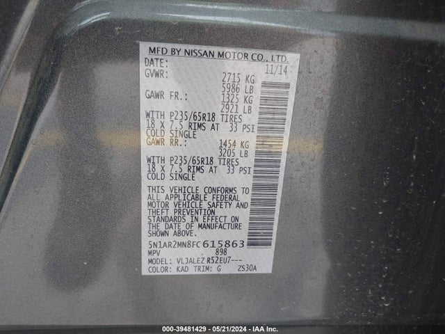 Nissan Pathfinder Sv 2015 5N1AR2MN8FC615863 Image 9