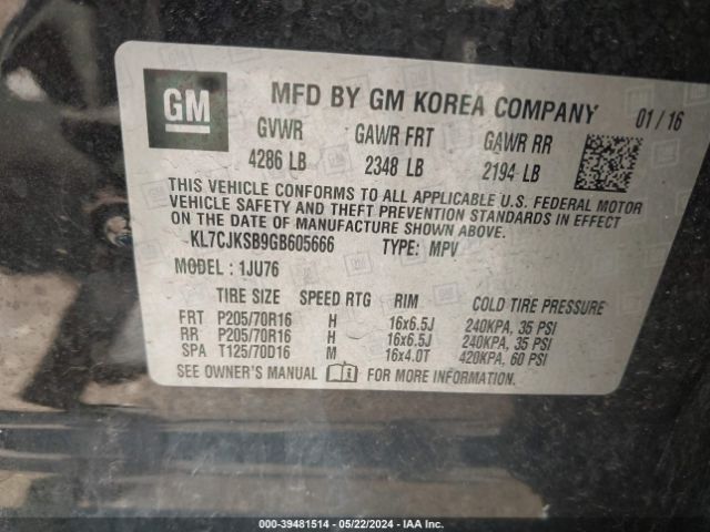 KL7CJKSB9GB605666 Chevrolet Trax 1ls