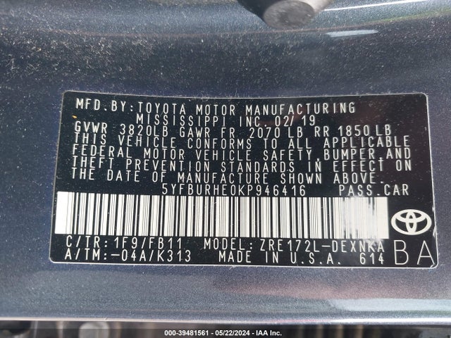 Toyota COROLLA LE 2019 5YFBURHE0KP946416 Image 9