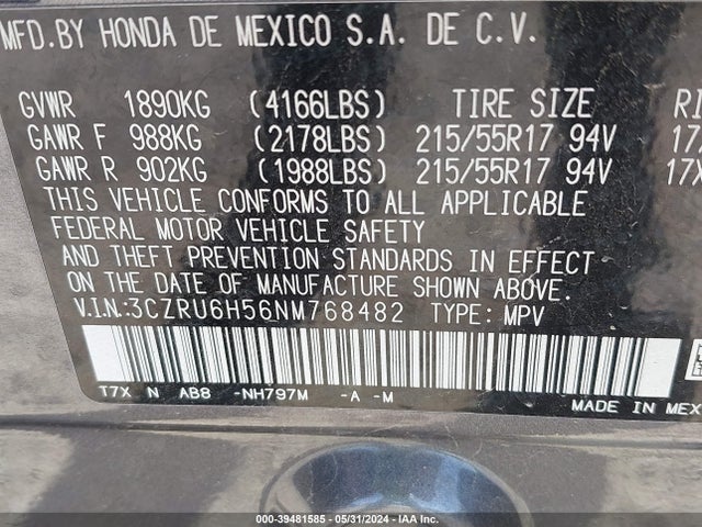 Honda Hr-v Awd Ex 2022 3CZRU6H56NM768482 Image 9