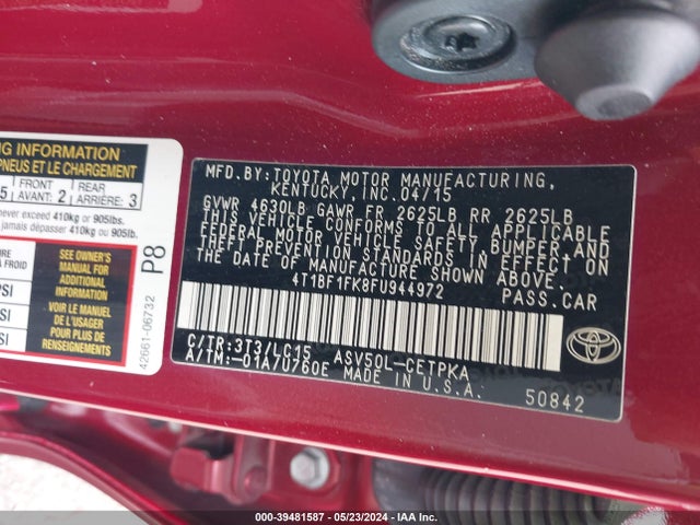 Toyota CAMRY XSE 2015 4T1BF1FK8FU944972 Image 9