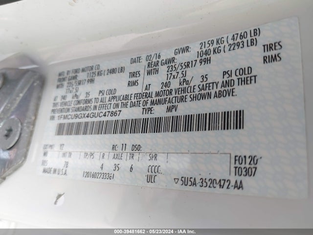 Ford ESCAPE SE 2016 1FMCU9GX4GUC47867 Image 9