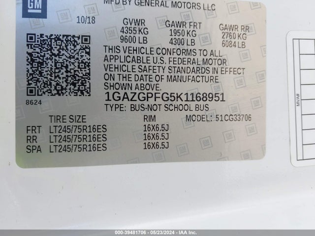 Chevrolet Express 3500 Lt 2019 1GAZGPFG5K1168951 Image 9