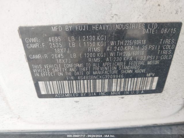 4S4BSBNCXG3209946 Subaru Outback 2.5i Limited