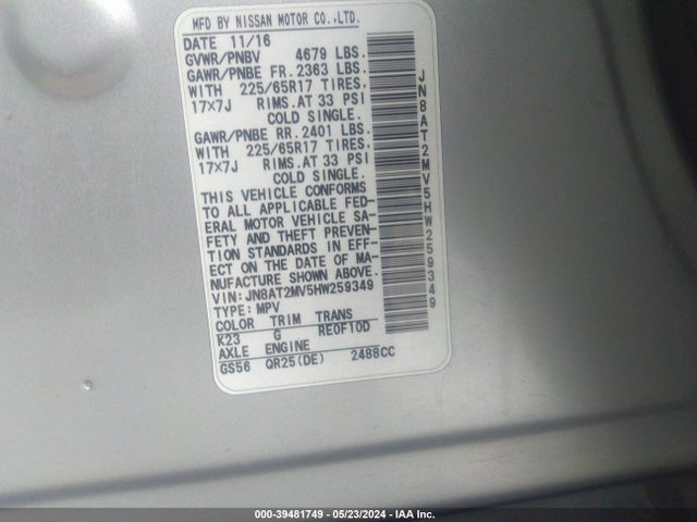 Nissan ROGUE SV 2017 JN8AT2MV5HW259349 Image 9