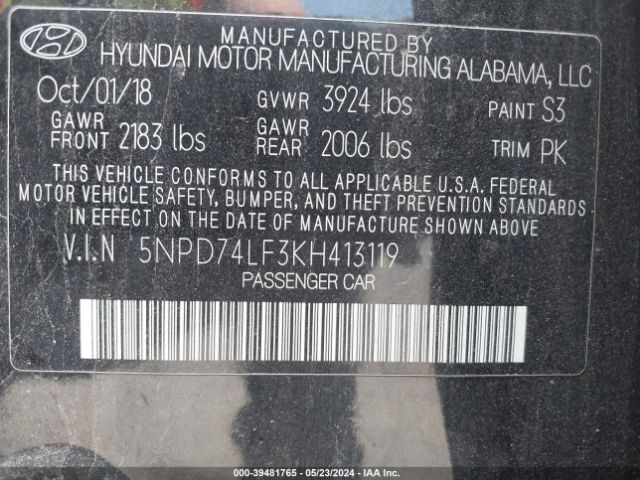 5NPD74LF3KH413119 Hyundai ELANTRA SE