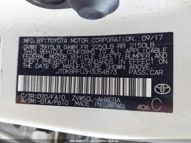 Toyota Prius Two 2017 JTDKBRFU3H3054873 Image 9