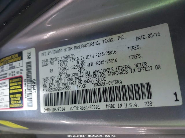 Toyota Tacoma Sr5 2016 5TFRX5GN2GX069565 Image 9