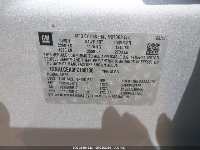 Chevrolet Equinox 2lt 2015 1GNALCEK0FZ108136 Image 9