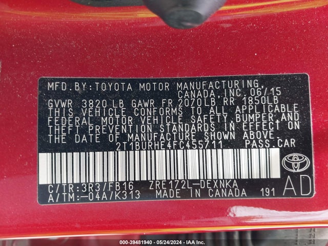 Toyota COROLLA LE 2015 2T1BURHE4FC455711 Image 9