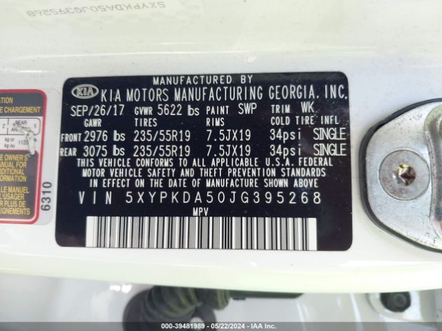 5XYPKDA50JG395268 KIA Sorento 3.3l Sxl