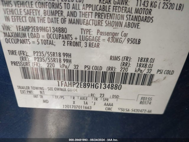 Ford TAURUS SEL 2017 1FAHP2E89HG134880 Image 9