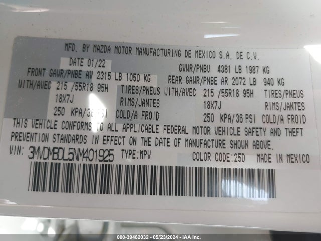 3MVDMBDL5NM401925 Mazda Cx-30 Premium