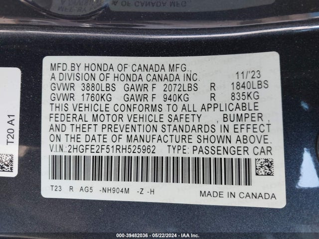 Honda Civic Sport 2024 2HGFE2F51RH525962 Image 9
