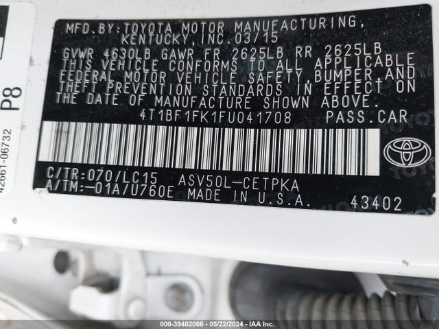 Toyota CAMRY XSE 2015 4T1BF1FK1FU041708 Image 9