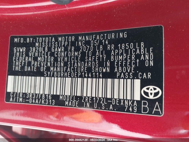 Toyota COROLLA LE 2014 5YFBURHE0EP144114 Image 9