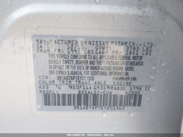 3N1AB7AP7EY201560 Nissan Sentra Fe+ S/fe+ Sv/s/sl/sr/sv