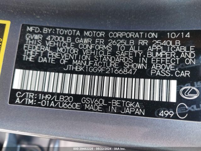 JTHBK1GG9F2166847 Lexus ES 350