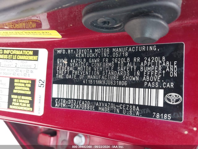 Toyota CAMRY SE 2018 4T1B11HK9JU631806 Image 9