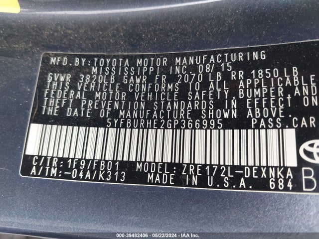 Toyota COROLLA LE 2016 5YFBURHE2GP366995 Image 9