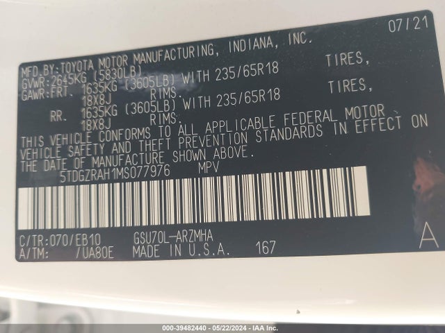 Toyota Highlander Xle 2021 5TDGZRAH1MS077976 Image 9