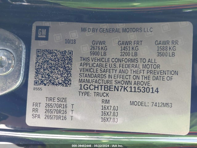 Chevrolet Colorado Wt 2019 1GCHTBEN7K1153014 Image 9