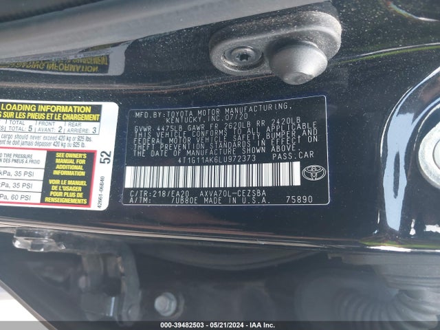 Toyota CAMRY SE 2020 4T1G11AK6LU972373 Image 9
